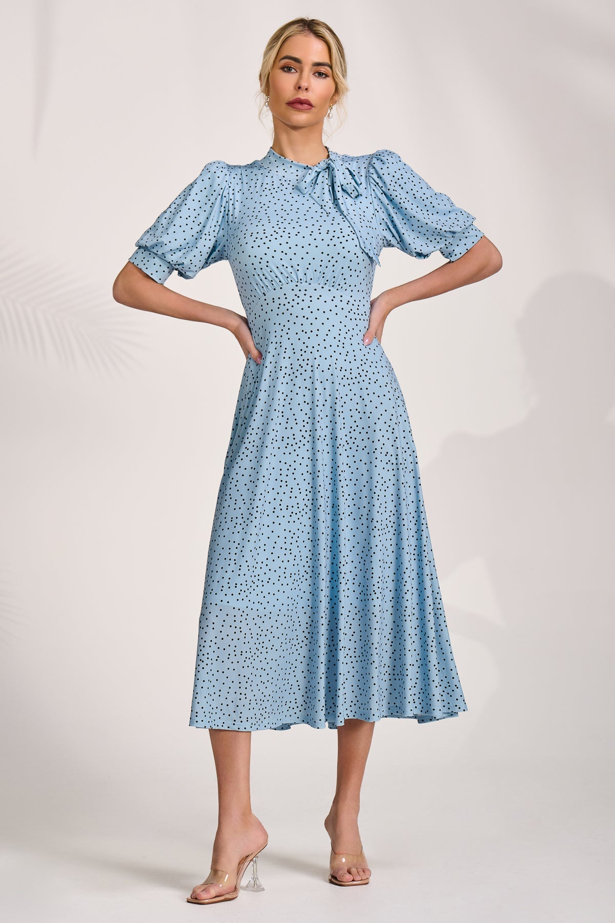 Tie Neck Puffy Sleeve Jersey Midi Dress, Blue Spot for Women - gallery