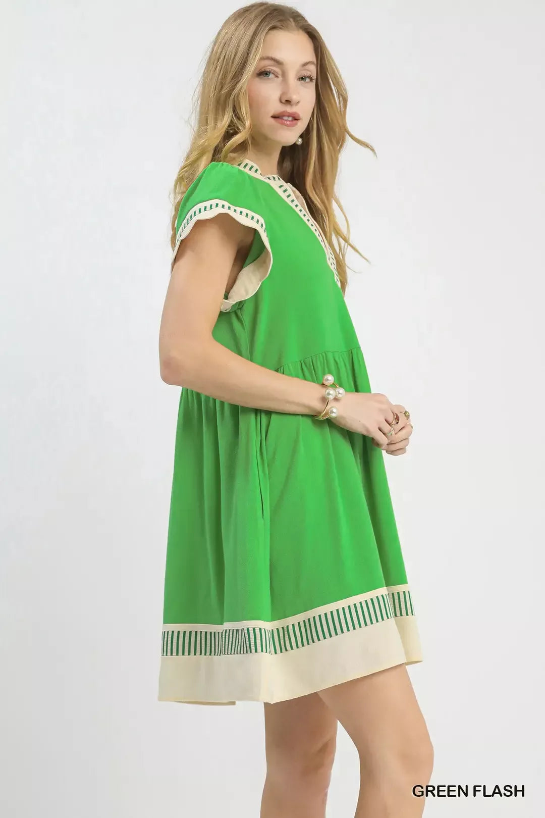 Green Linen Colour Block Flutter Sleeve Dress for Women - gallery
