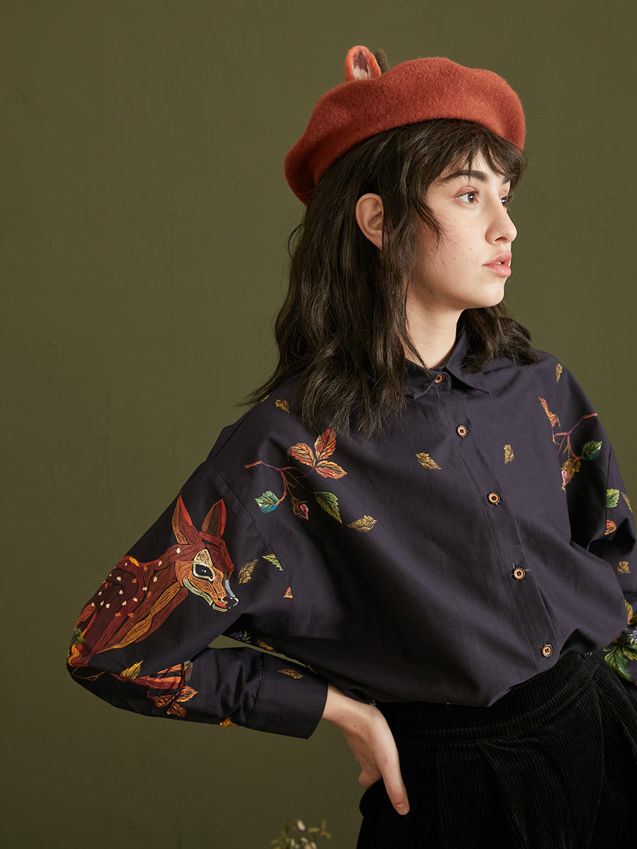 Enchanted Forest Deer Embroidered Blouse for Women