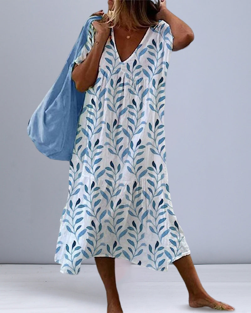 Leaf Print Flowy Midi Dress