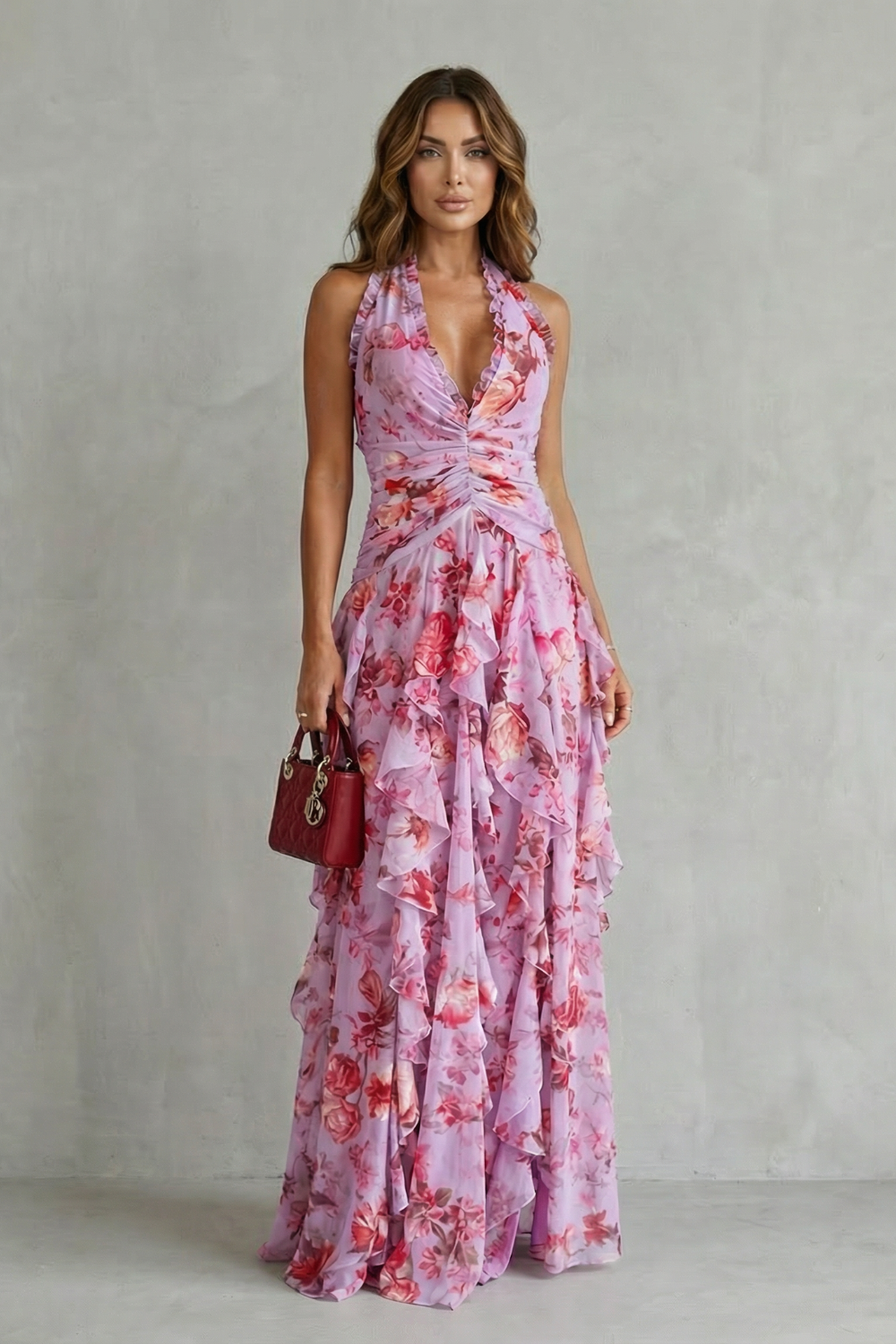 Belladina Romantic Rose Cascade Halter Maxi Dress for Women - gallery