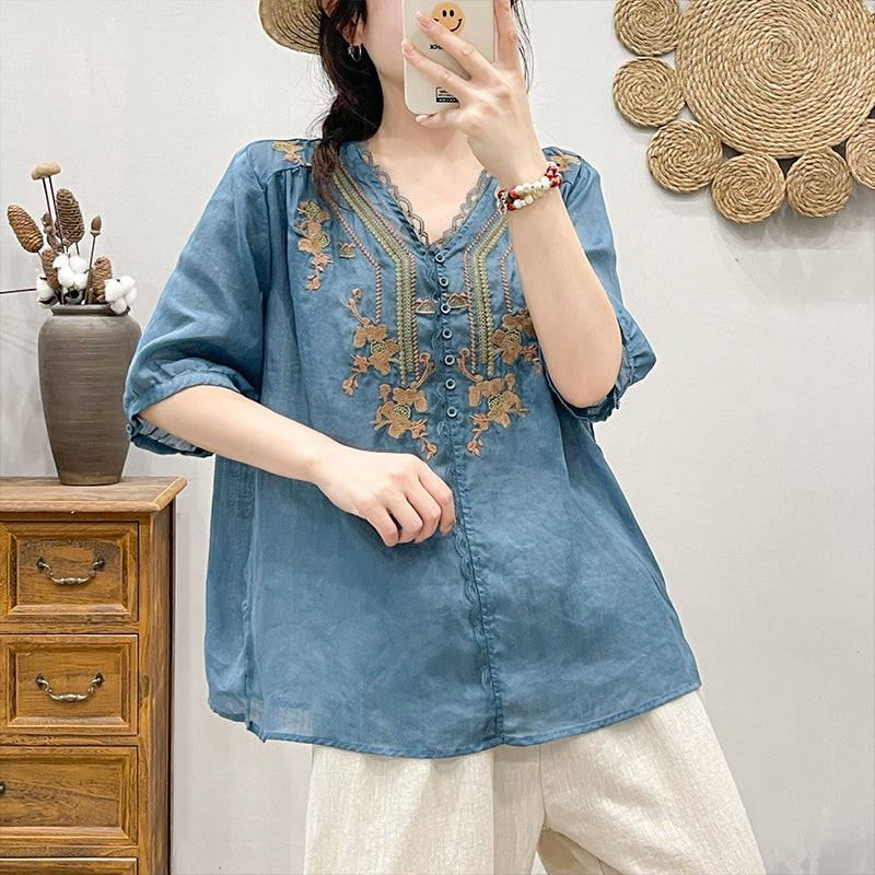 Lace V-Neck Embroidered Linen Shirt for Women - gallery