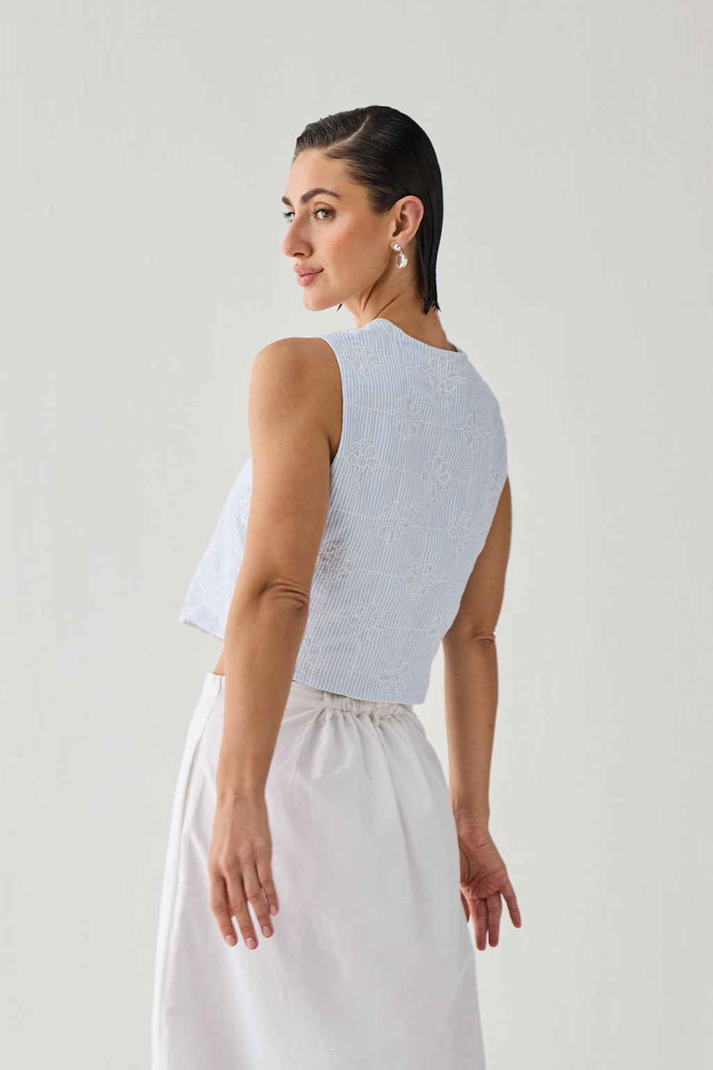 Embroidered Sleeveless Vest Top in Blue Stripe Waistcoat for Women - gallery