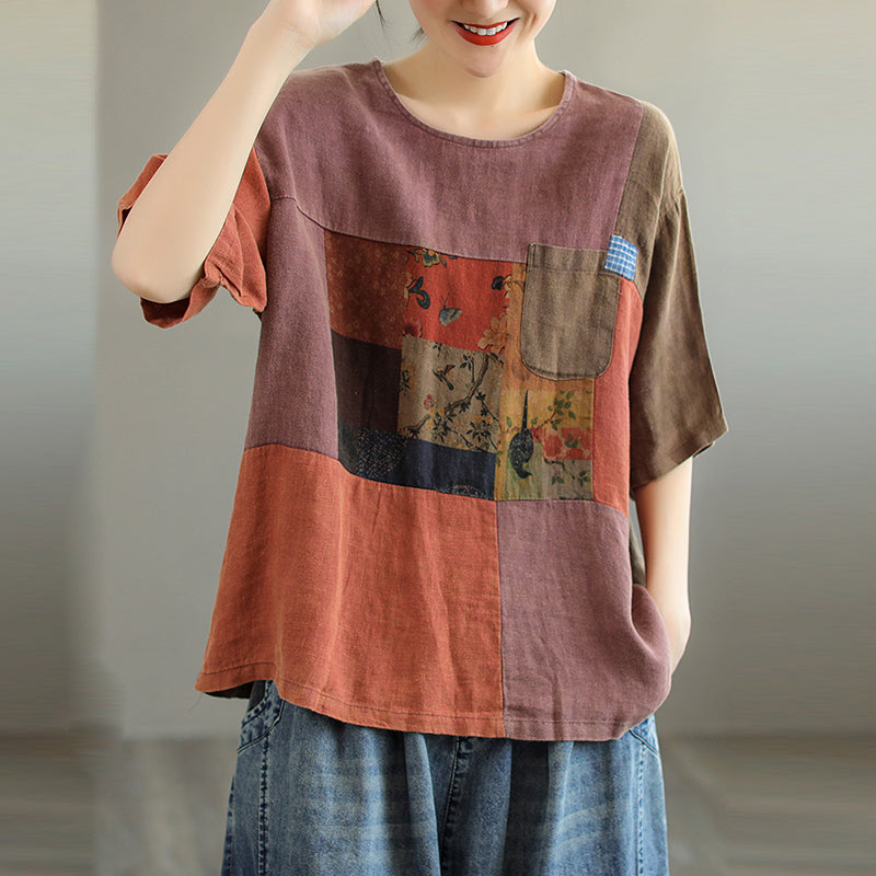 Colour-Block Short Sleeve Linen T-Shirt for Women - gallery