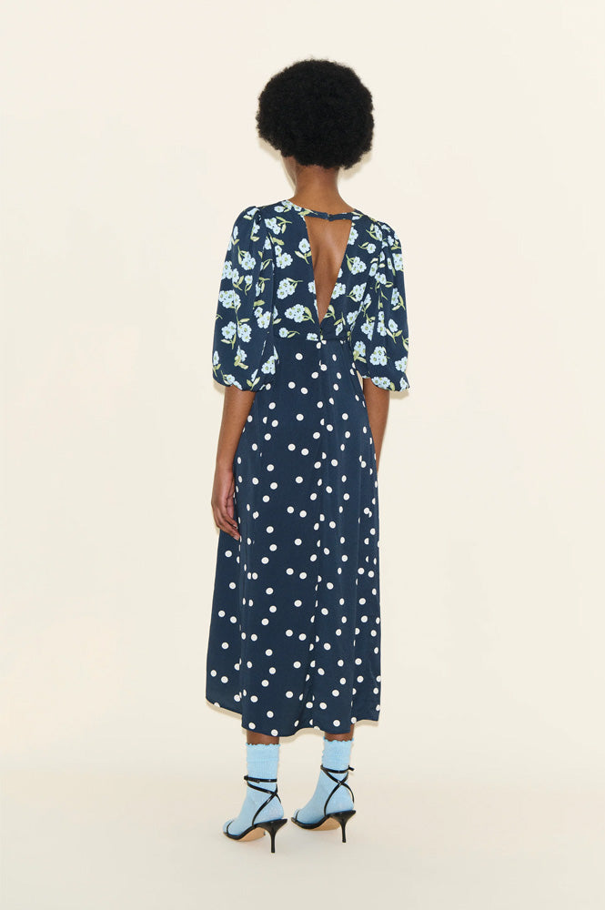 Dahlia Navy Polka & Powder Blue Floral Dress - gallery