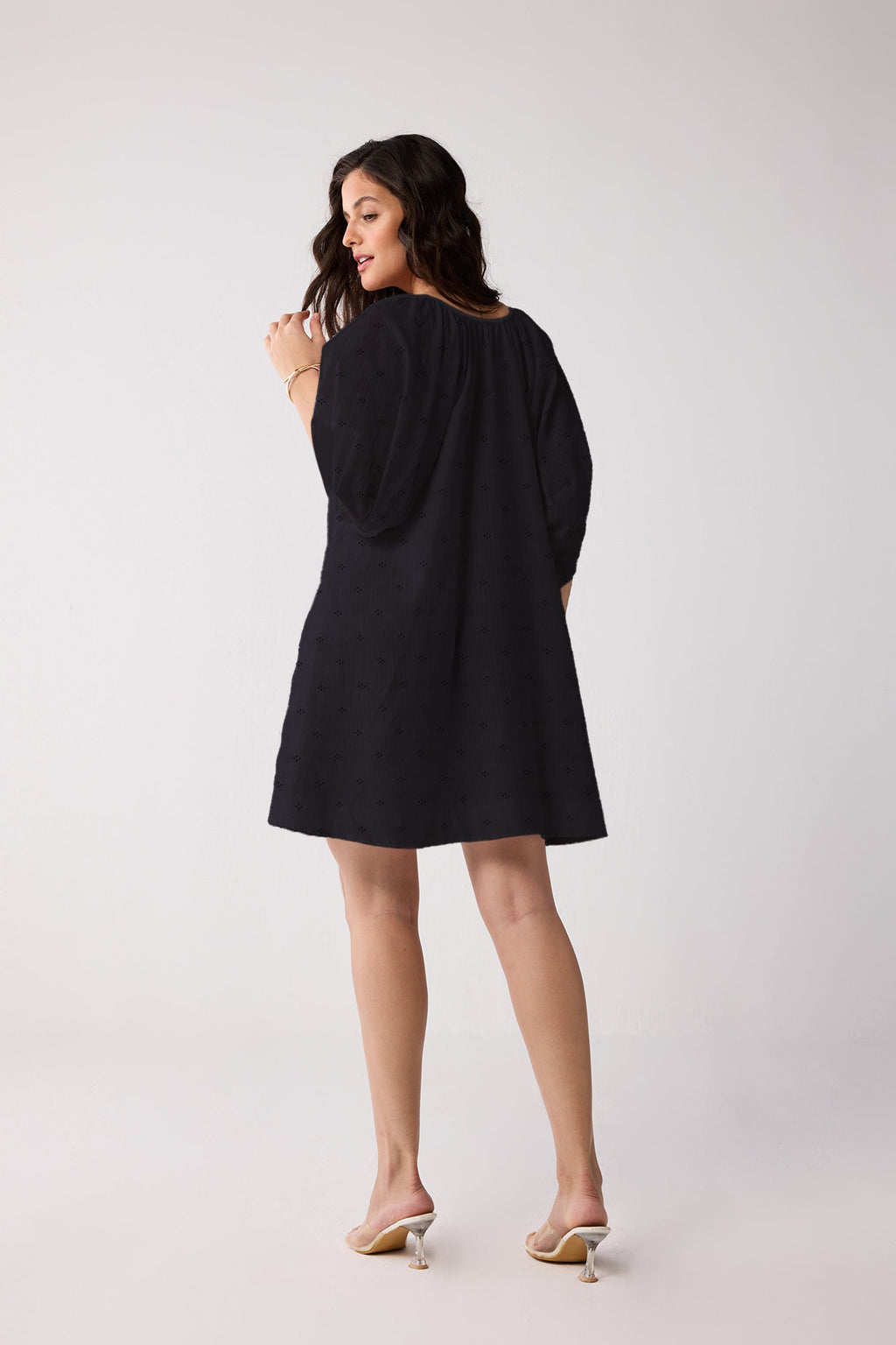 Puff Sleeved Dress with Drawstring Neckline in Black for Women - gallery