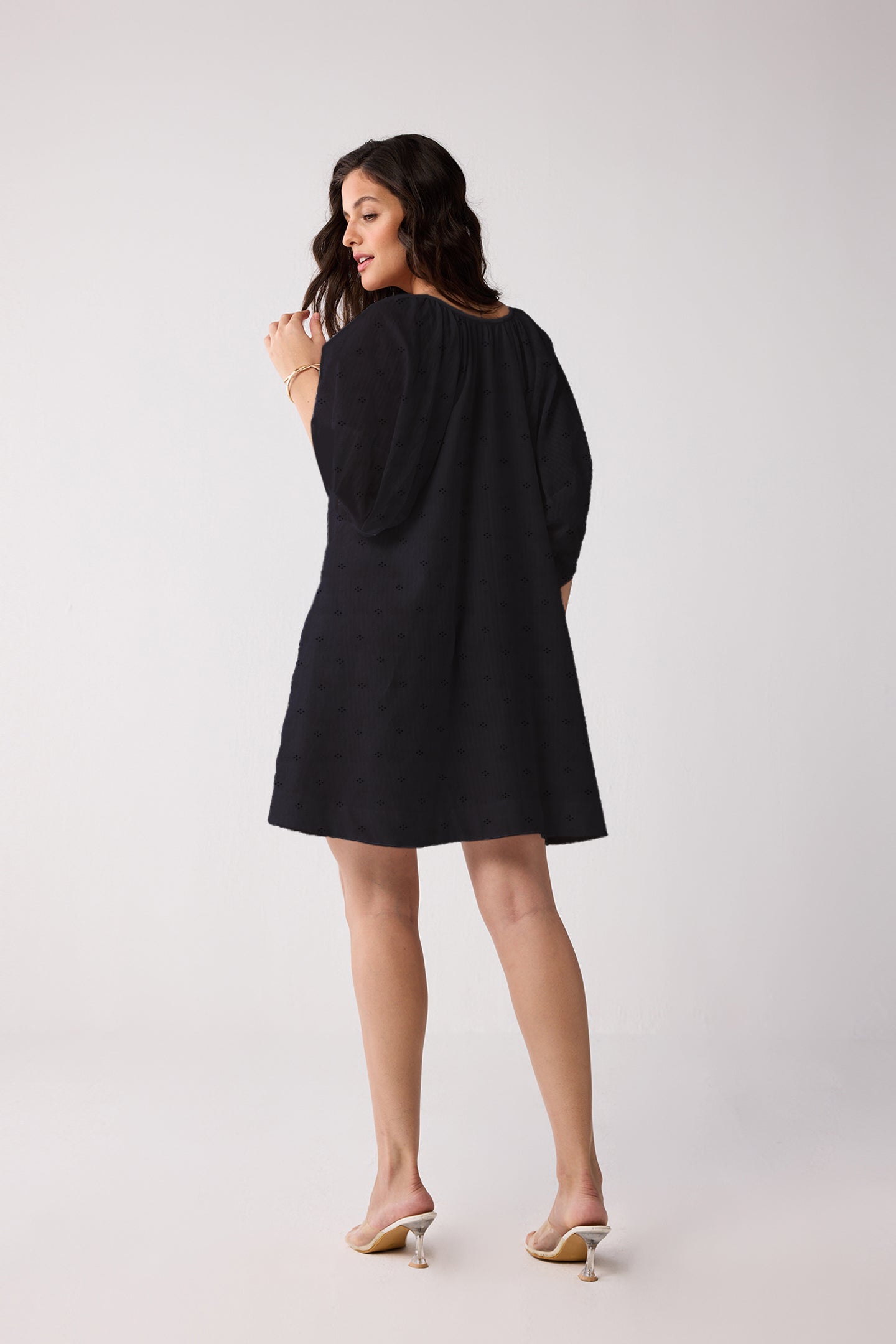 Puff Sleeved Dress with Drawstring Neckline in Black for Women - gallery