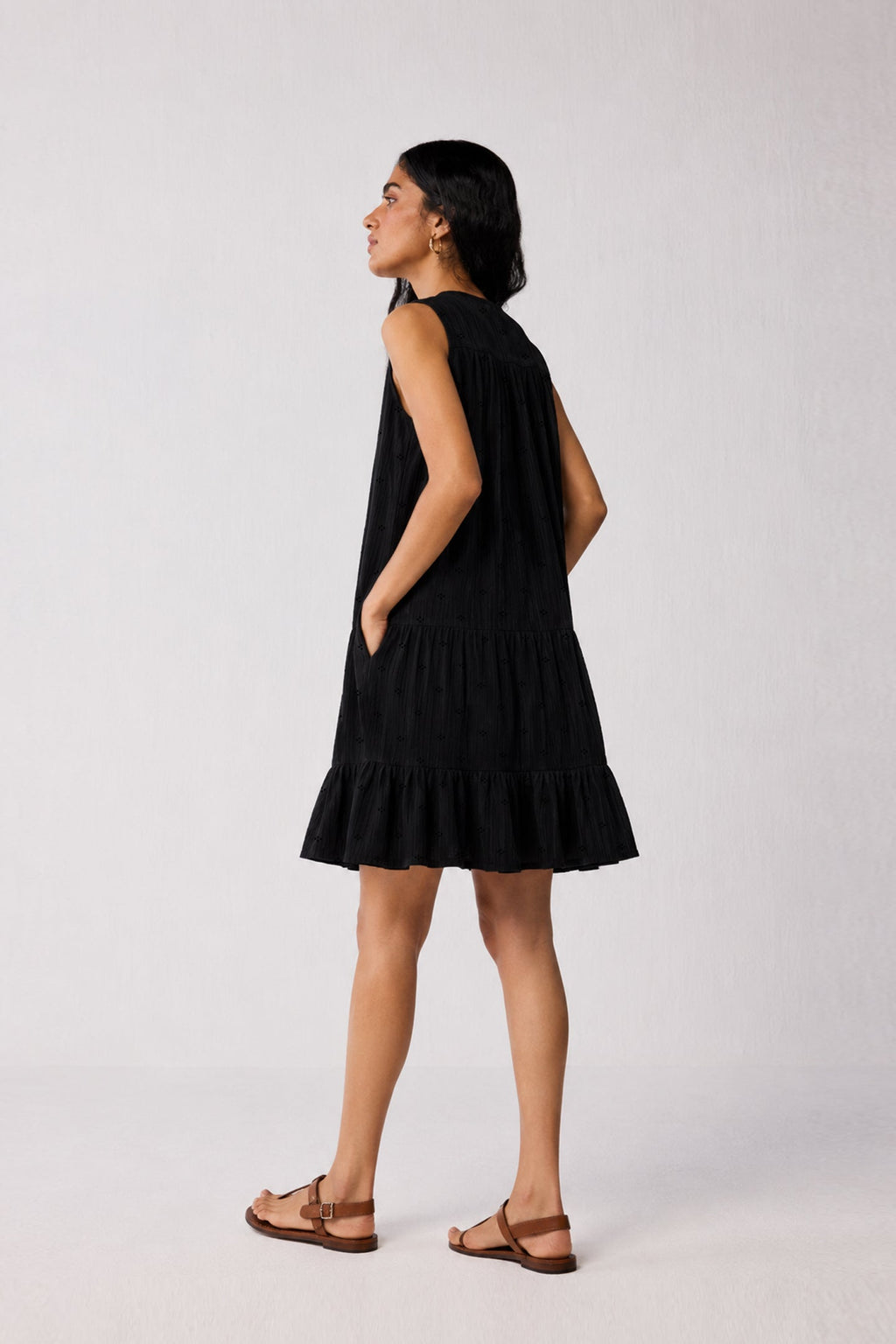 Embroidered Everyday Sleeveless Short Tiered Dress in Black for Women - gallery