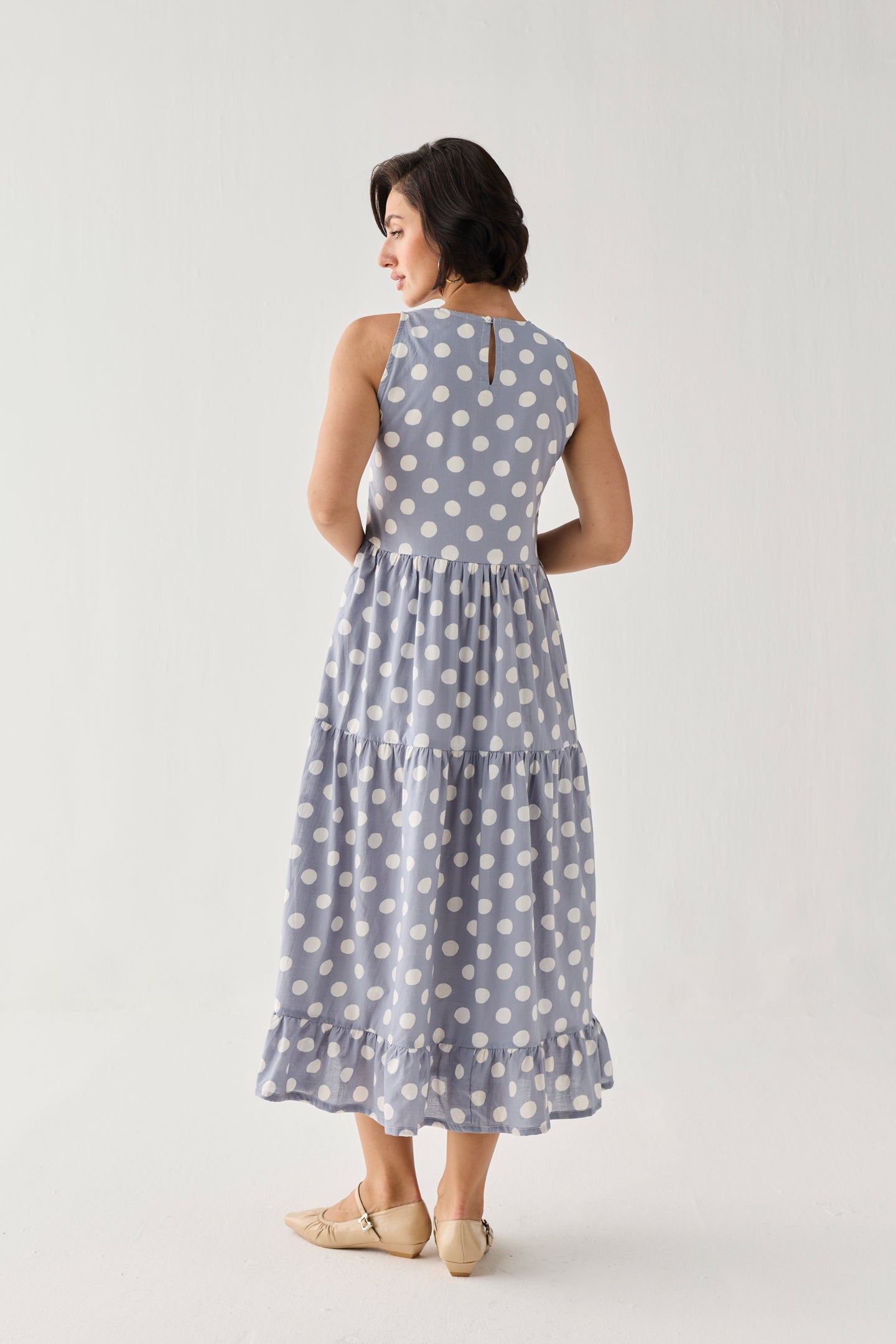 Tiered Midi Dress in Blue Polka for Women - gallery