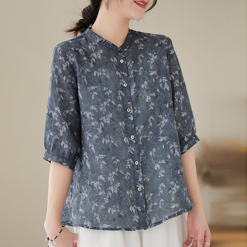 Retro Print Short Sleeve Linen Shirt for Women - gallery