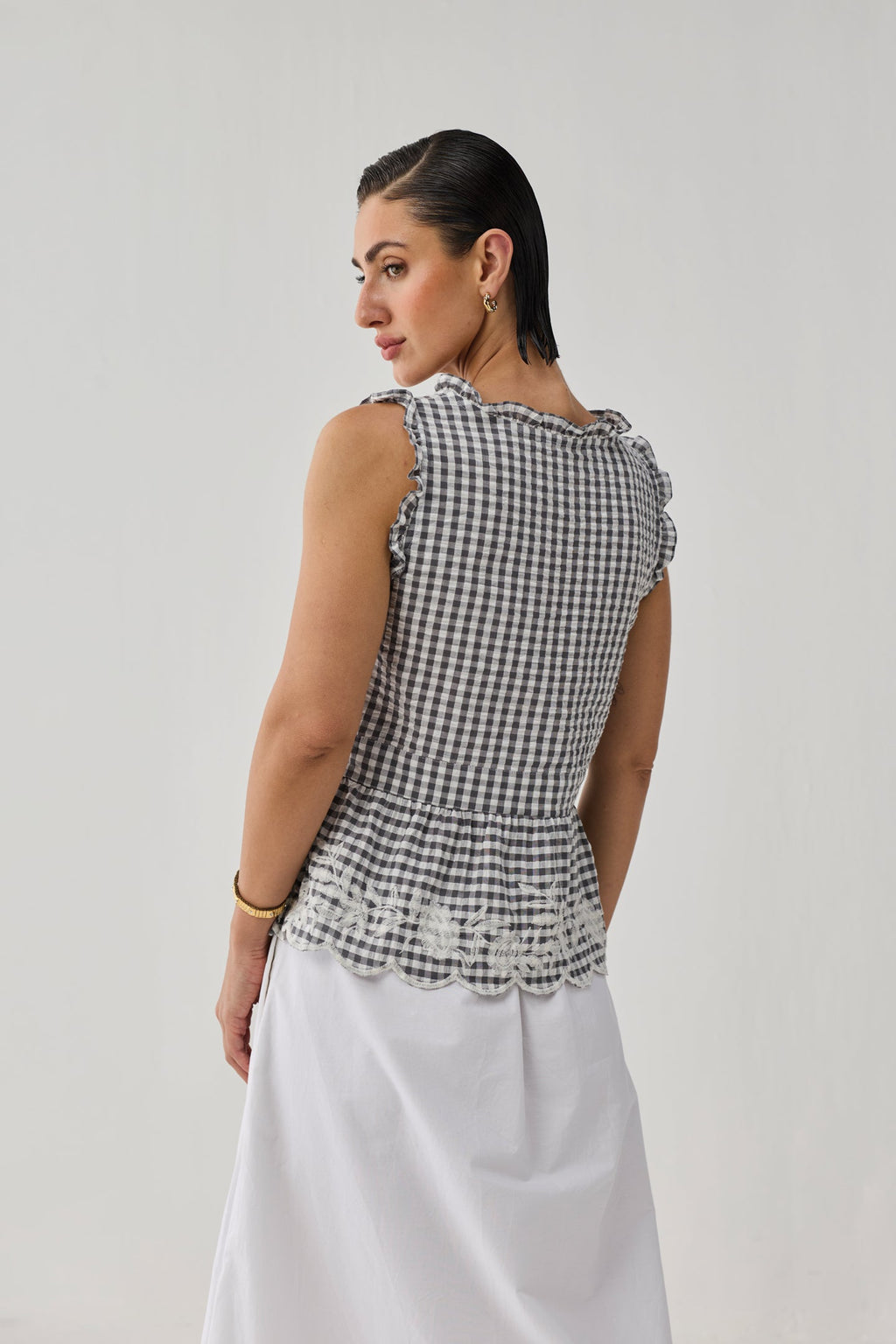 Embroidered Peplum Top in Grey Check for Women - gallery
