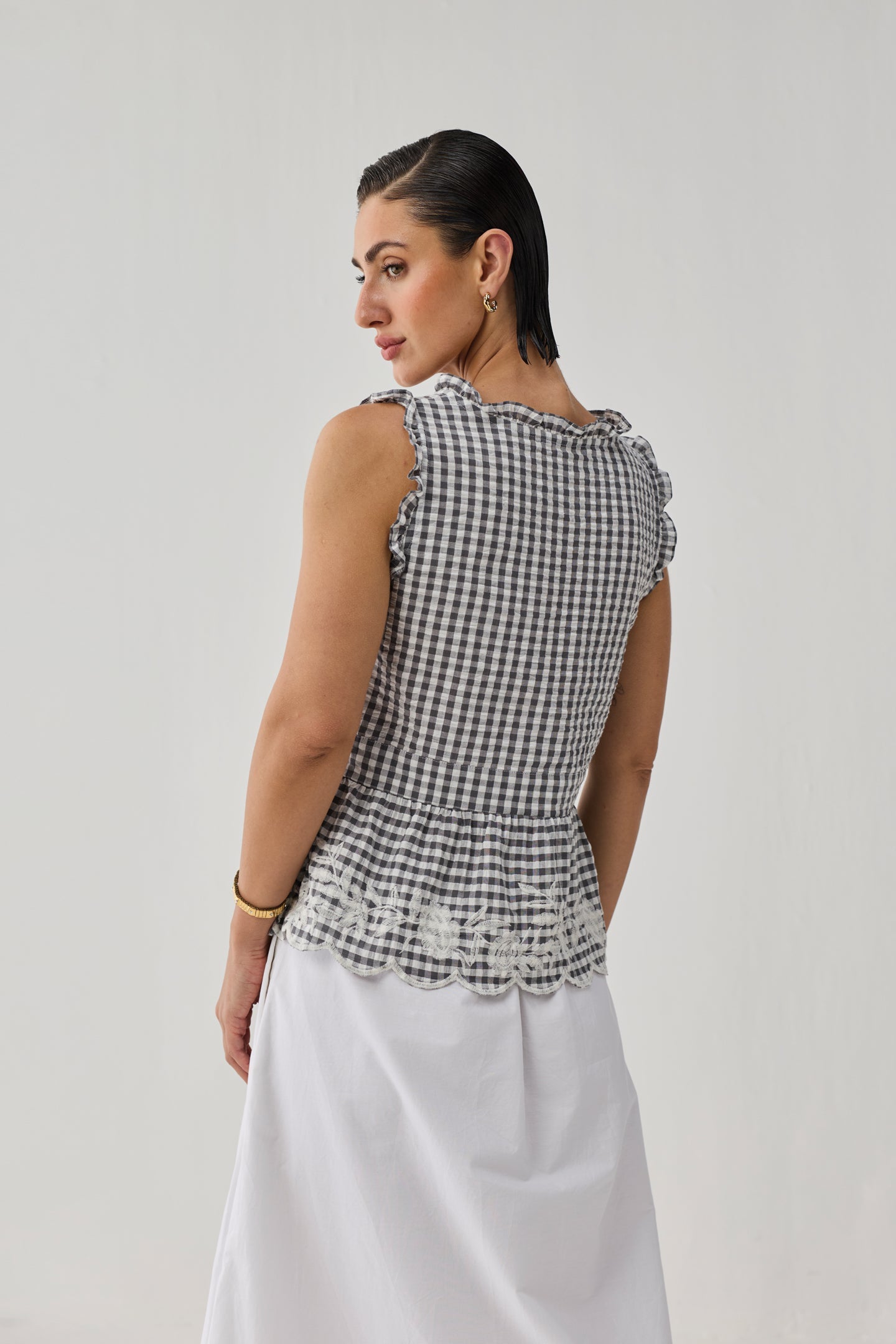 Embroidered Peplum Top in Grey Check for Women - gallery