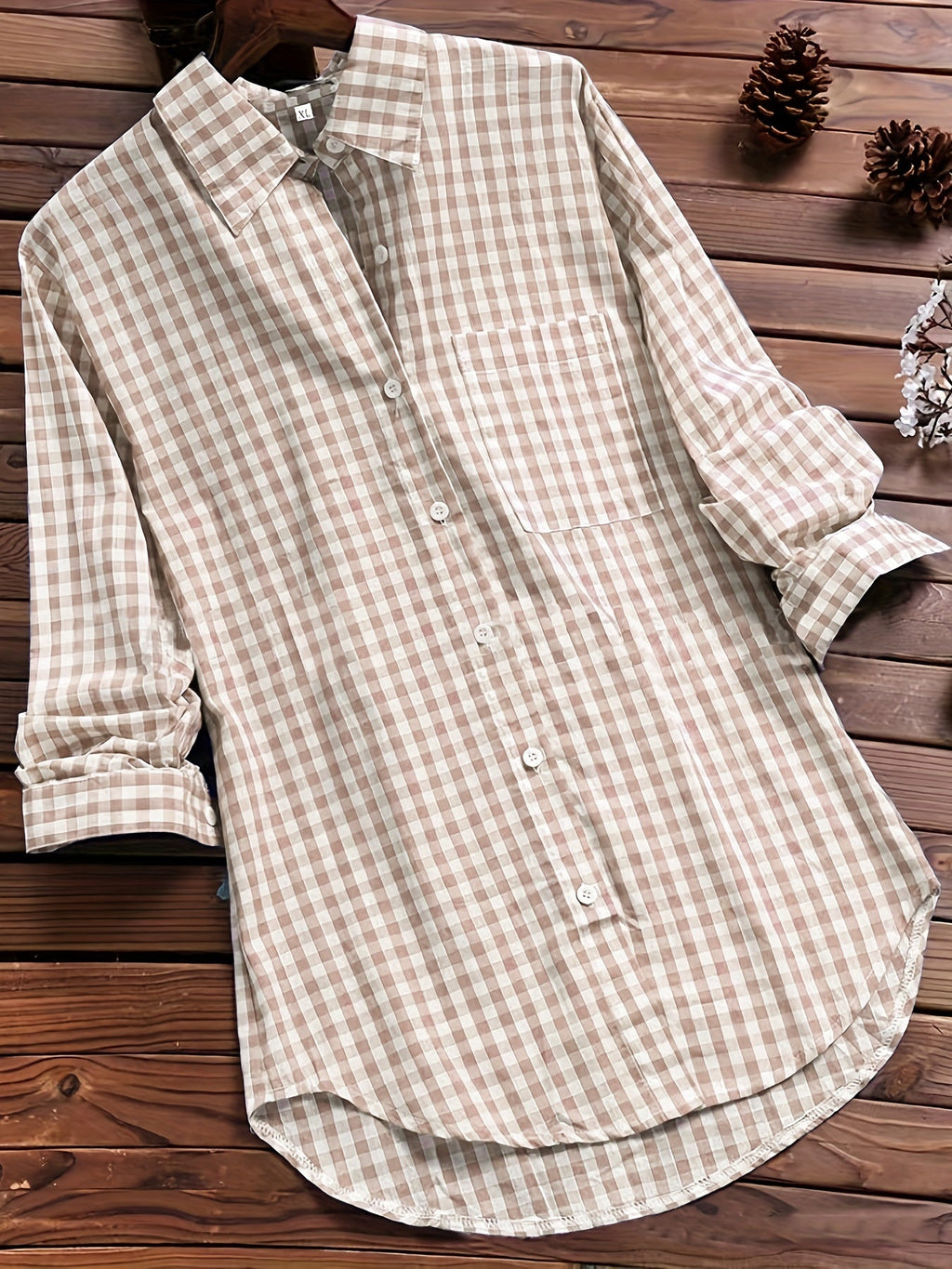 Gingham Print Long Sleeve Shirt Top for Women - gallery