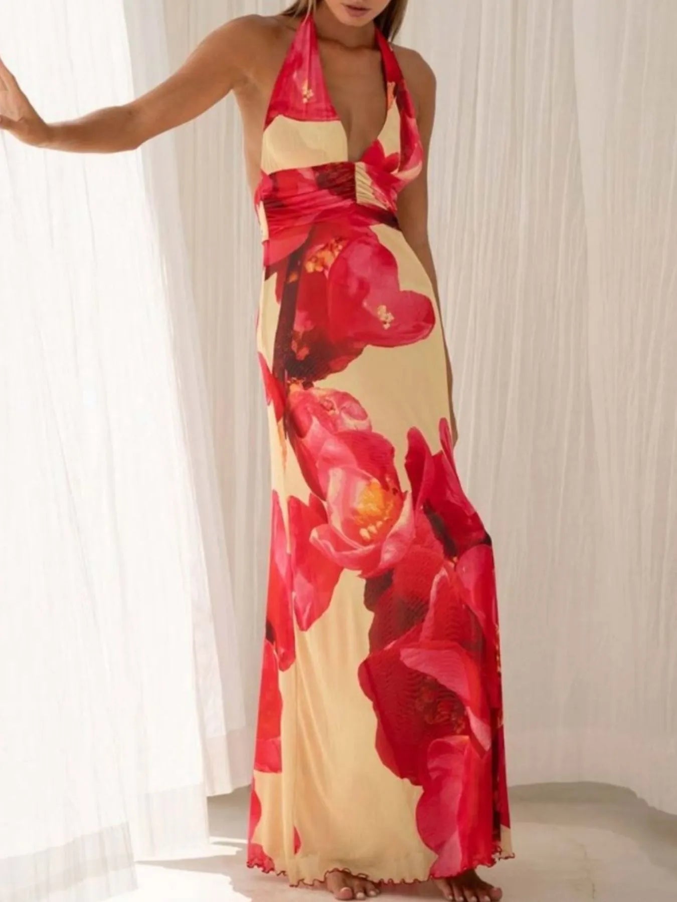 Floral Halter Neck Deep V Maxi Dress for Women - gallery