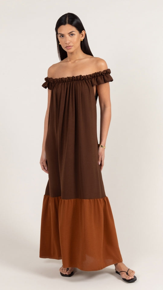 Alessia Bardot Contrast Dress in Cocoa and Caramel