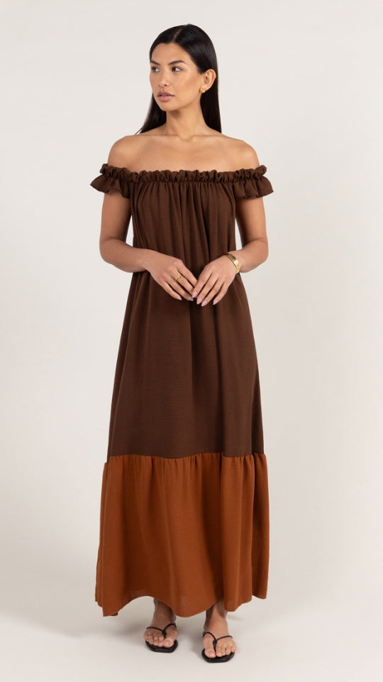 Alessia Bardot Contrast Dress in Cocoa and Caramel - gallery