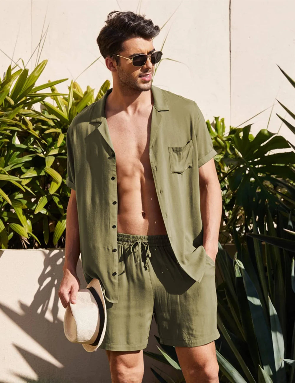 Two-Piece Beach Shirt and Shorts Set for Men - Army Green