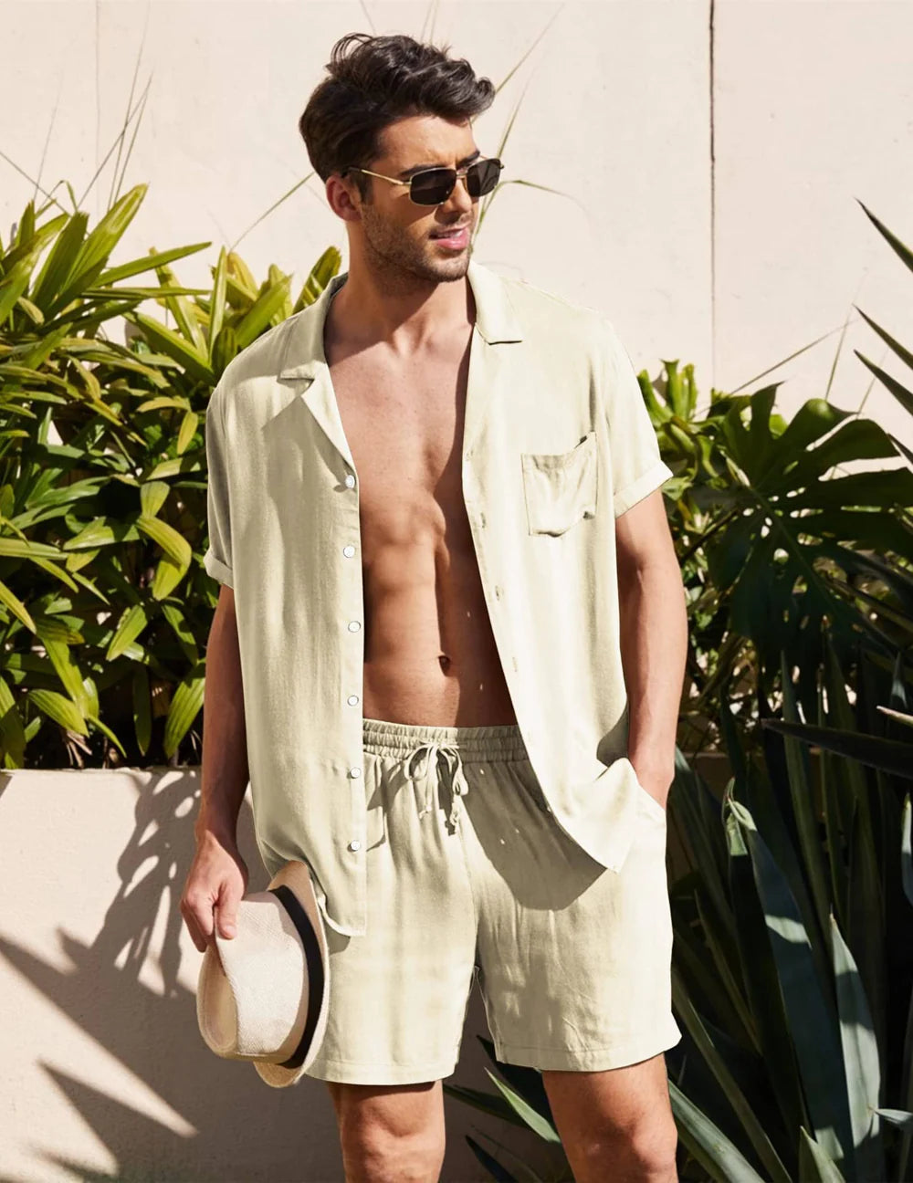 Two-Piece Beach Shirt and Shorts Set for Men - Khaki