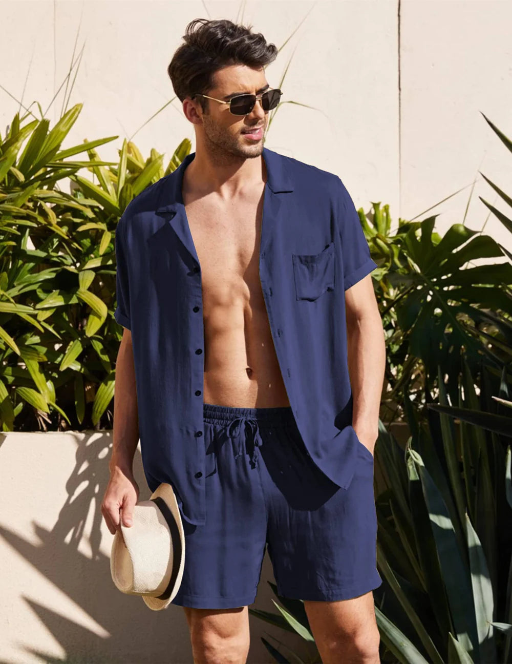 Two-Piece Beach Shirt and Shorts Set for Men - Navy Blue