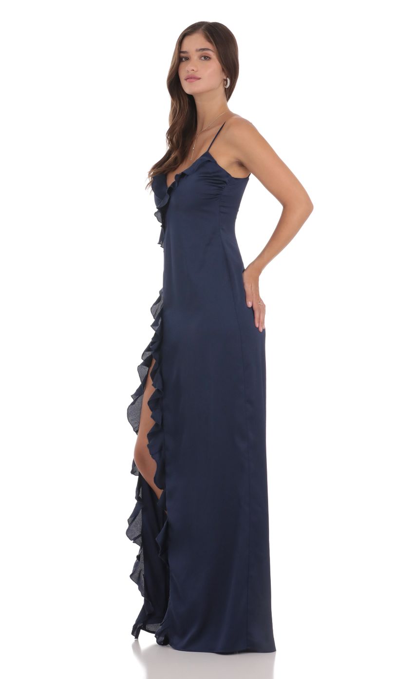 Ruffle V-Neck Chiffon Maxi Dress in Navy for Women - detail