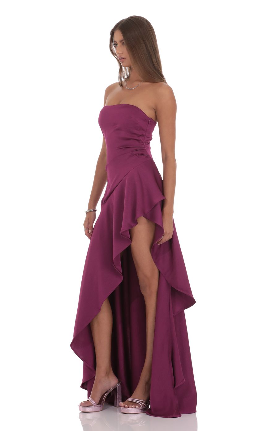 Satin High-Low Maxi Dress in Plum for Women - detail