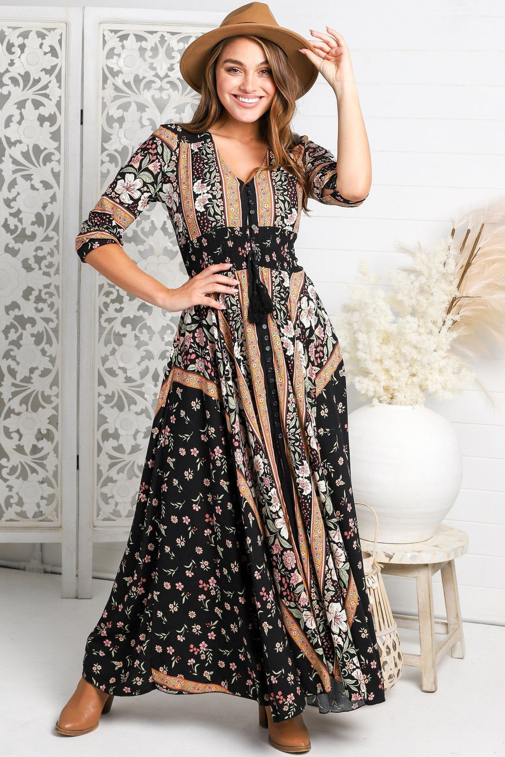 JAASE - Indiana Maxi Dress: Lace Back Shirred Waist A Line Dress with Ha... — gallery