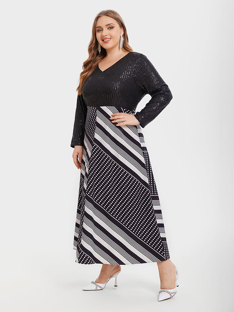 Vip Geo Print & Contrast Sequin Maxi Dress for Women - gallery