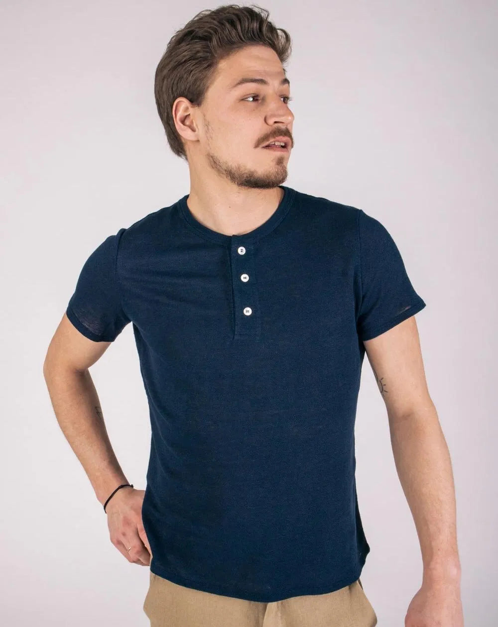 Zorrie Navy Pure Linen Polo Shirt for Men — gallery