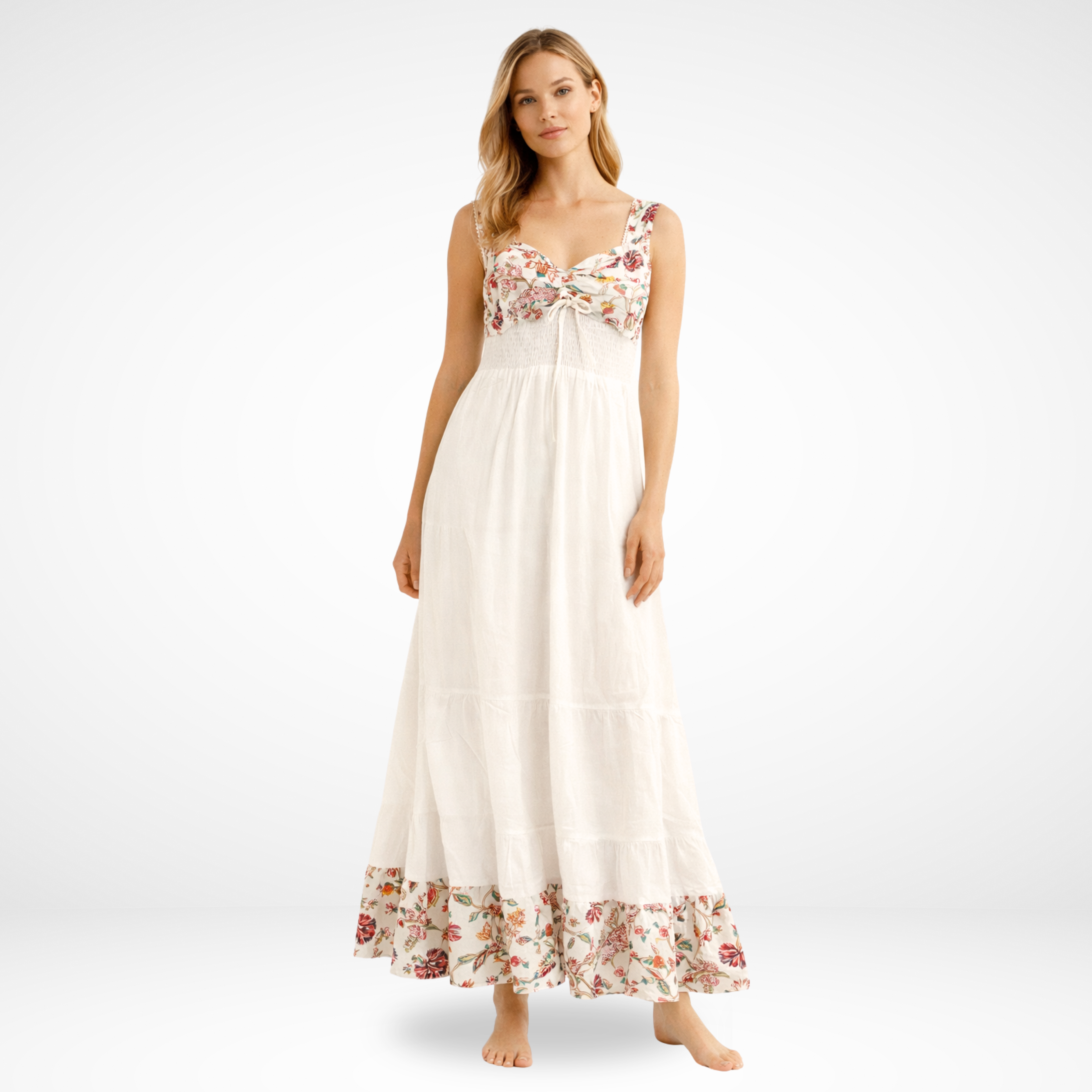 White Floral Sleeveless Luxe Dress for Women — Adjustable