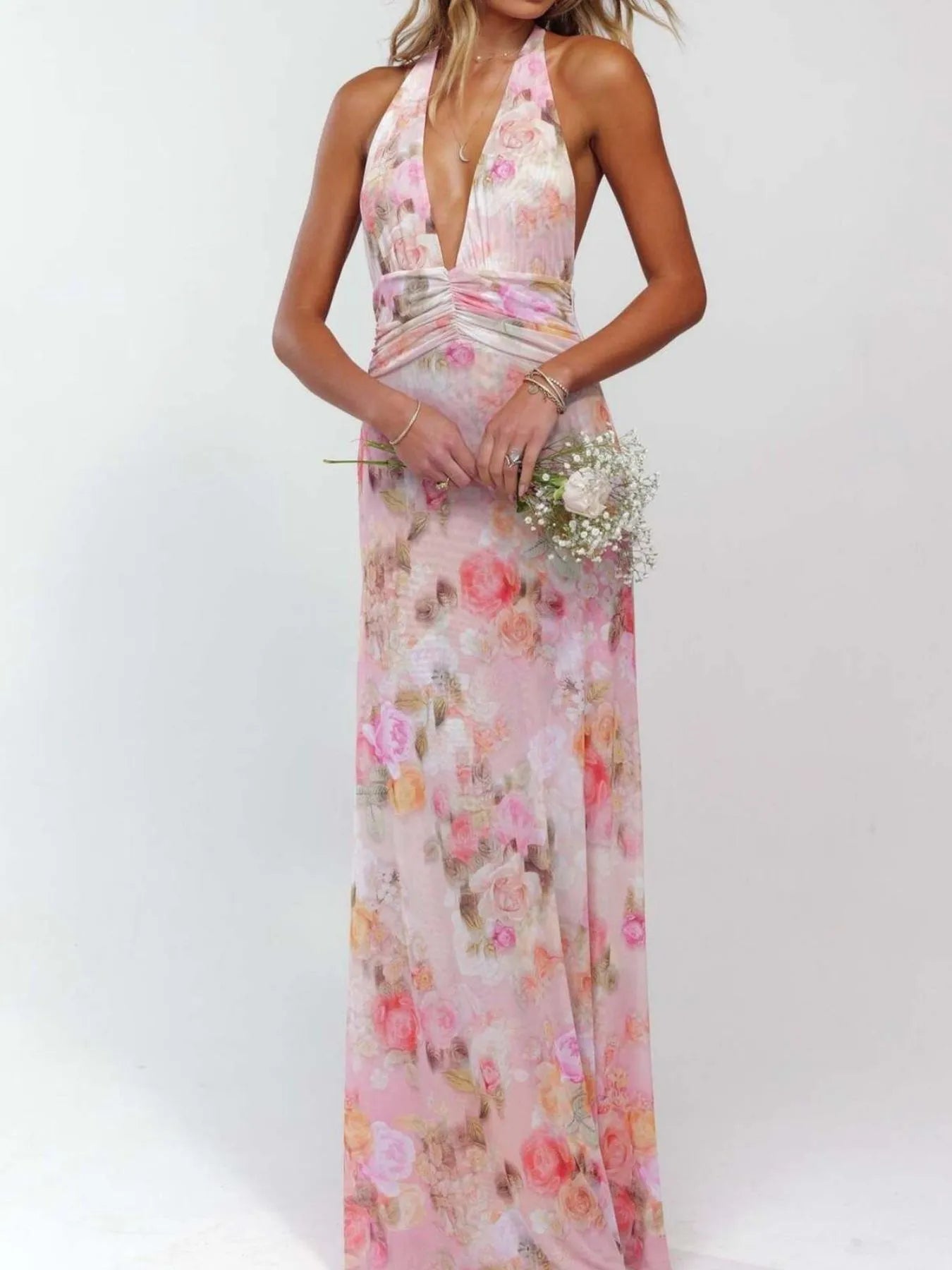 Floral Halter Neck Deep V Maxi Dress for Women