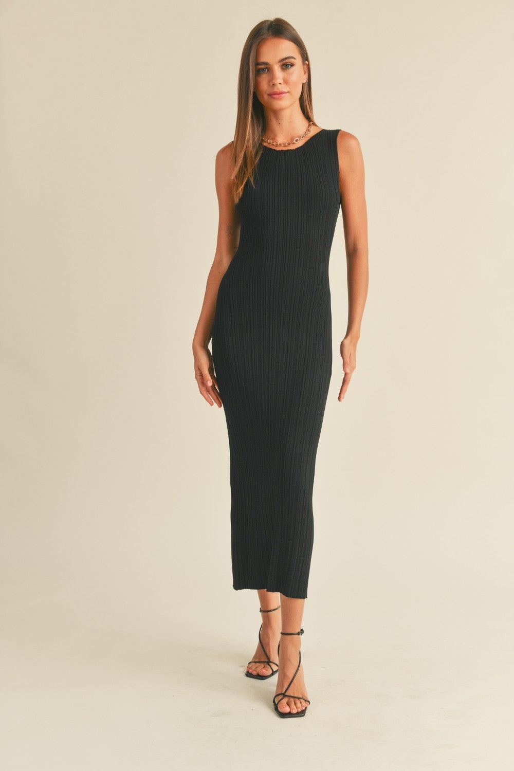 Ribbed Knit Midi Dress for Women — Sleeveless Bodycon