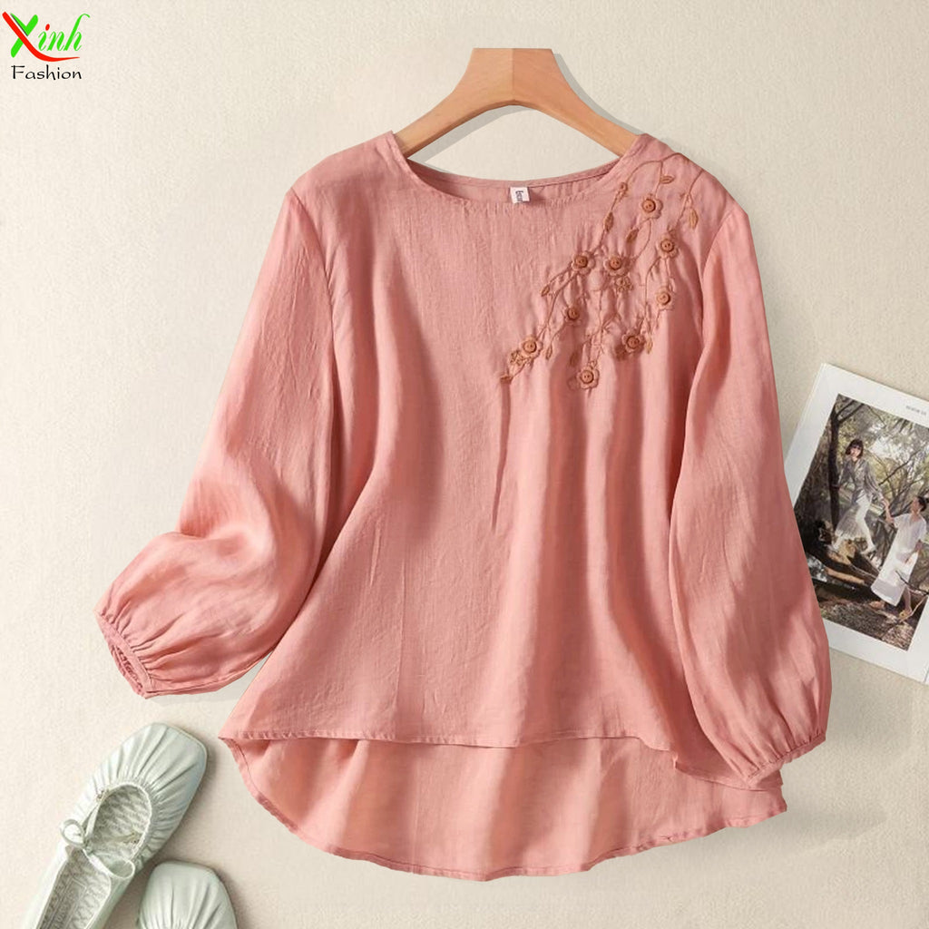 Premium Embroidered Floral Silk Blouse for Women - gallery