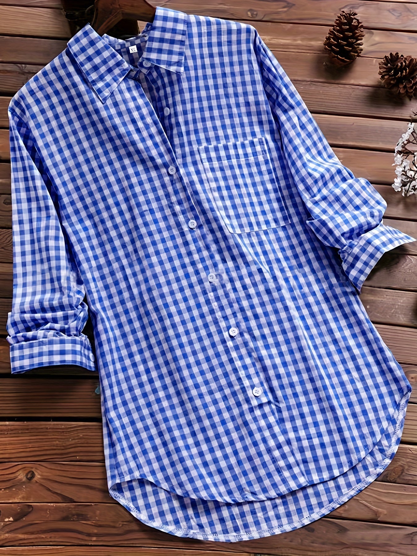 Gingham Print Long Sleeve Shirt Top for Women - gallery