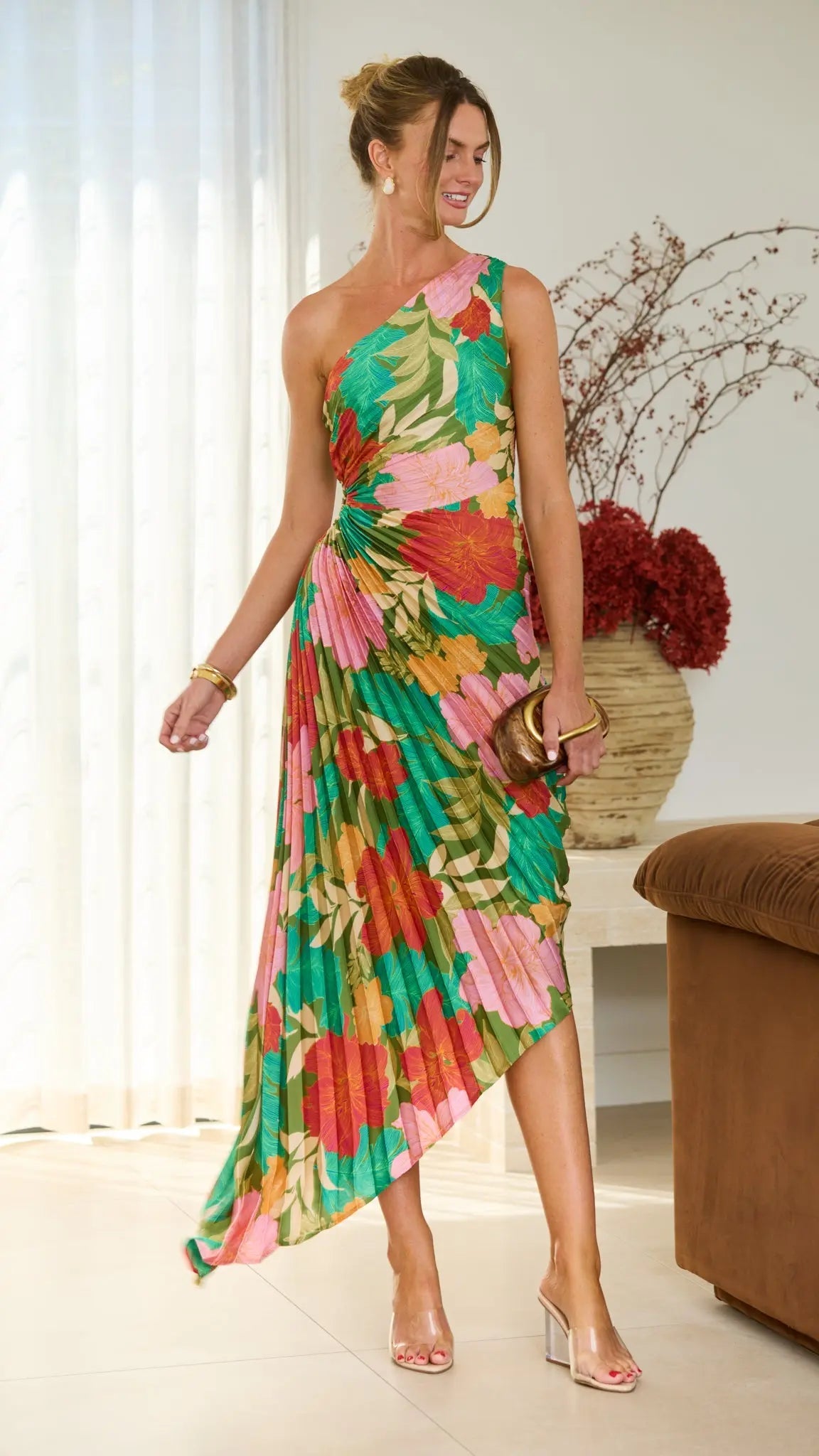 Allegra Pleated One-Shoulder Maxi Dress — Tropical Floral - gallery