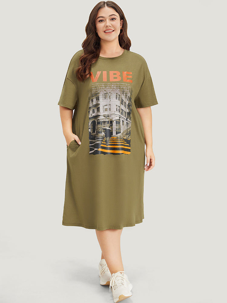 Letter & Graphic Print Pocket Crew Neck Dress for Women