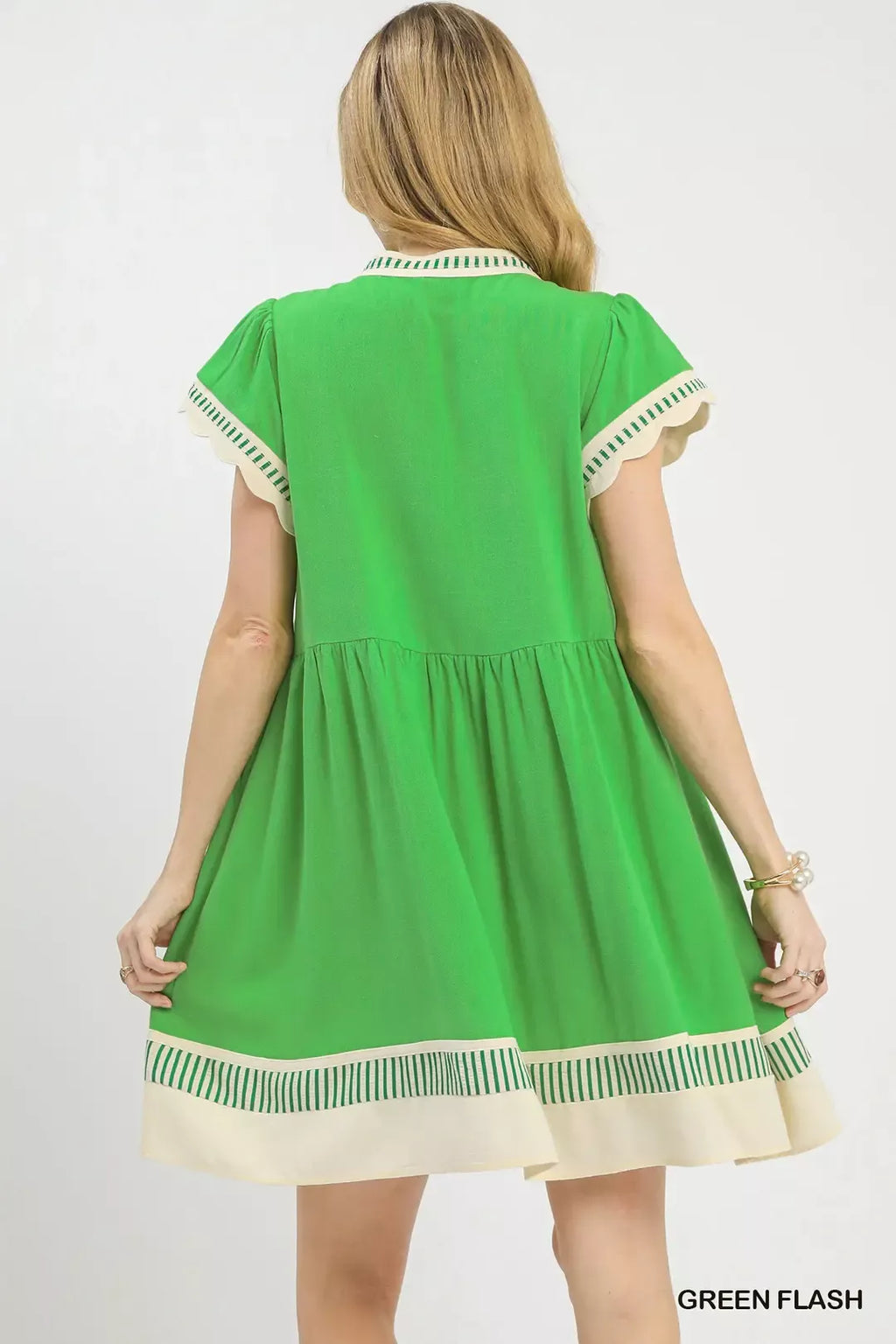 Green Linen Colour Block Flutter Sleeve Dress for Women - gallery