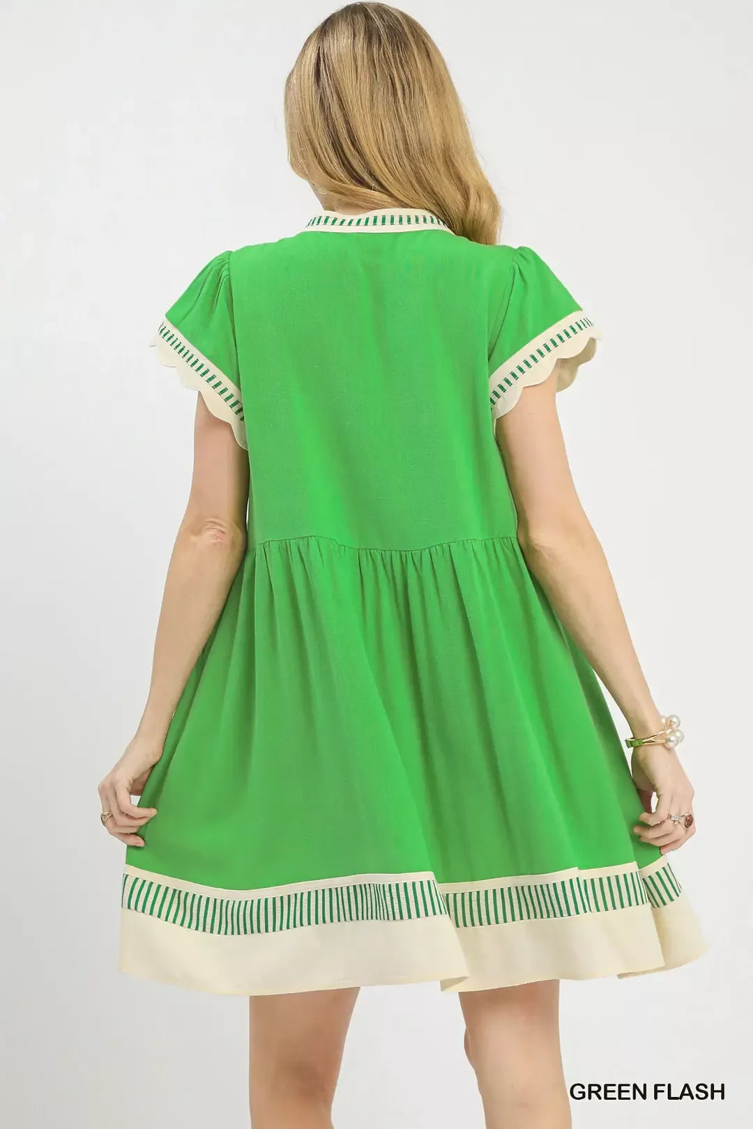 Green Linen Colour Block Flutter Sleeve Dress for Women - gallery
