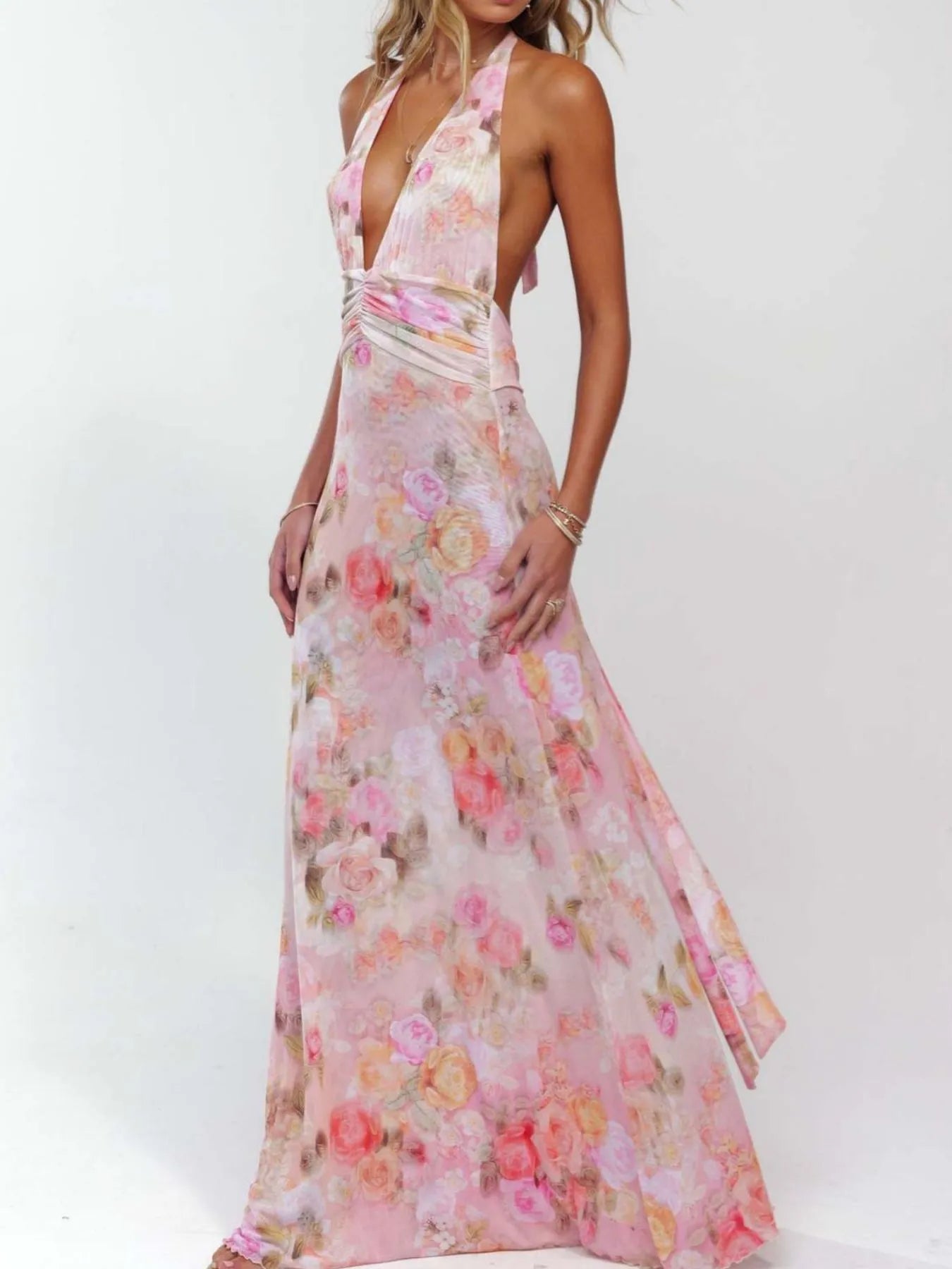 Floral Halter Neck Deep V Maxi Dress for Women - gallery