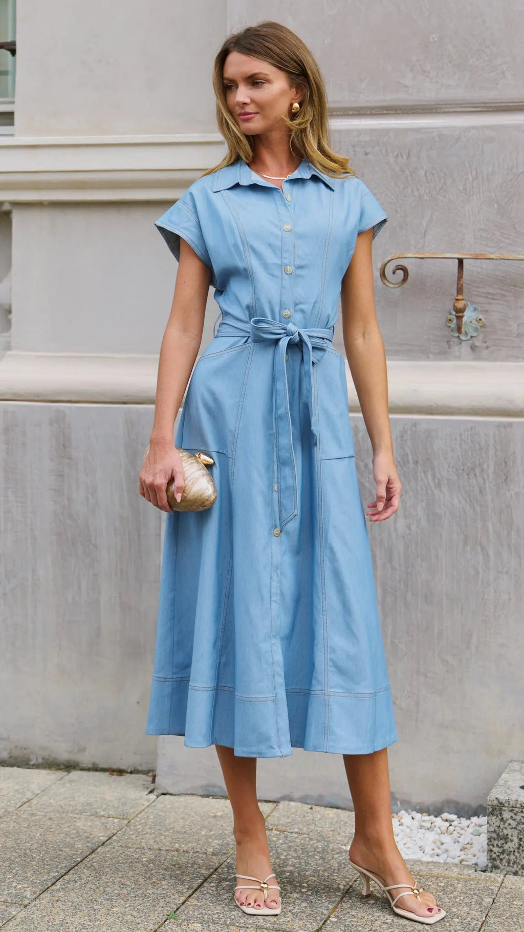 Light Blue Chambray Belted Midi Dress for Women — Button Front - gallery