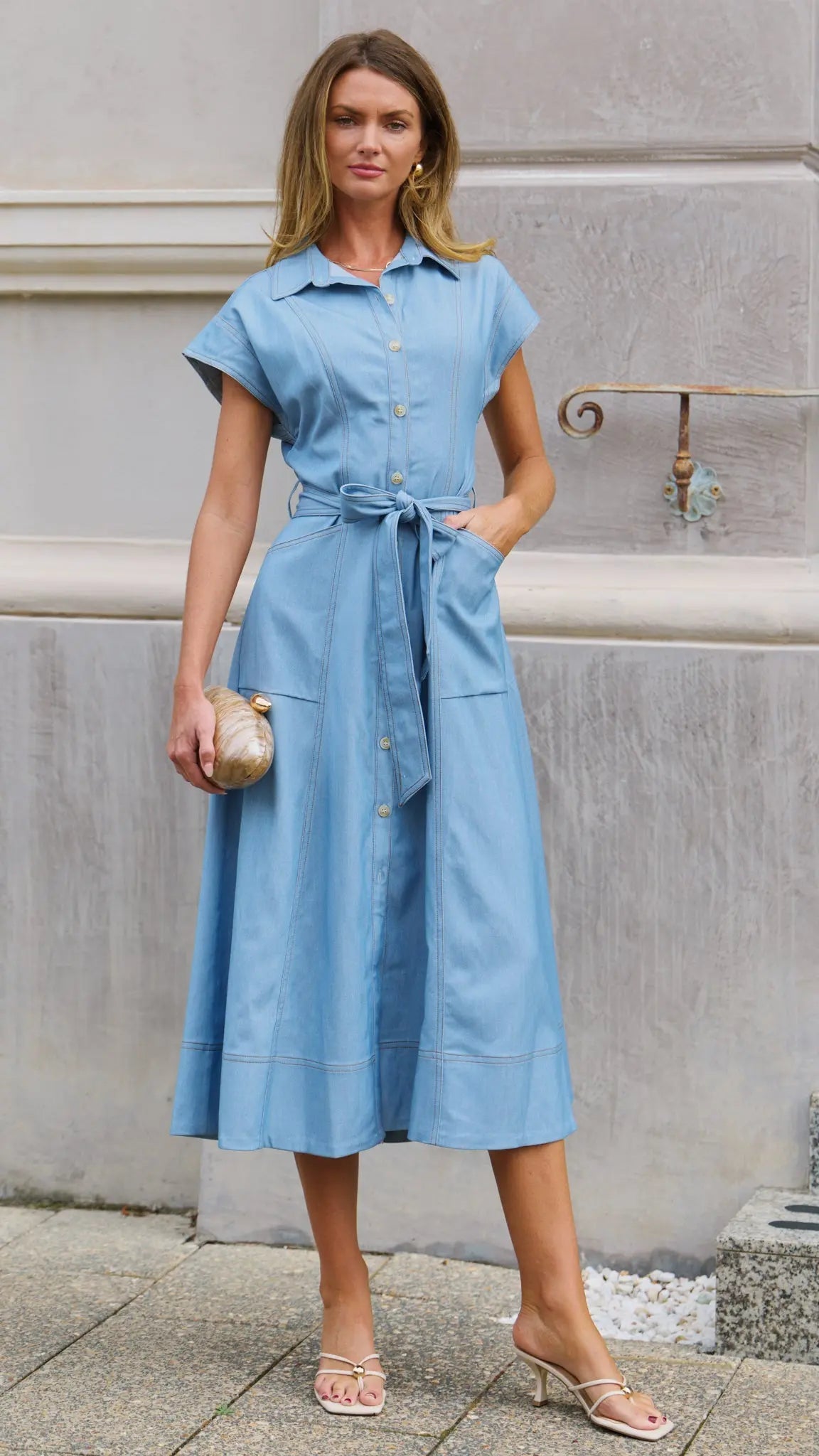 Light Blue Chambray Belted Midi Dress for Women — Button Front - gallery