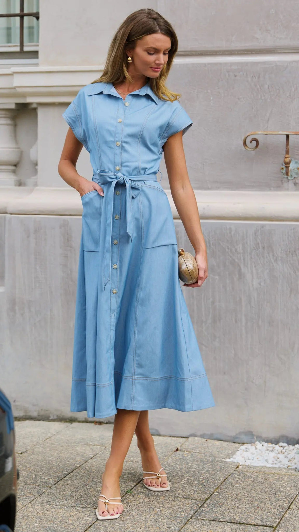 Light Blue Chambray Belted Midi Dress for Women — Button Front - gallery