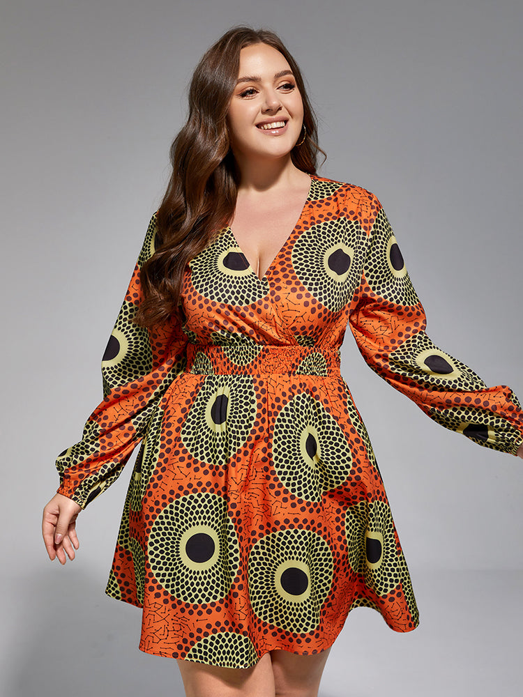Plus Geometric V Neck Elastic Waist Dress for Women - gallery