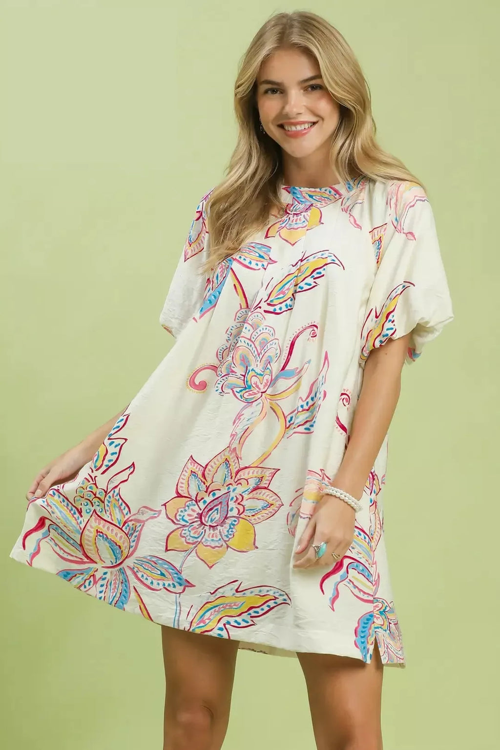 Boho Floral Print Mini Dress for Women — With Pockets