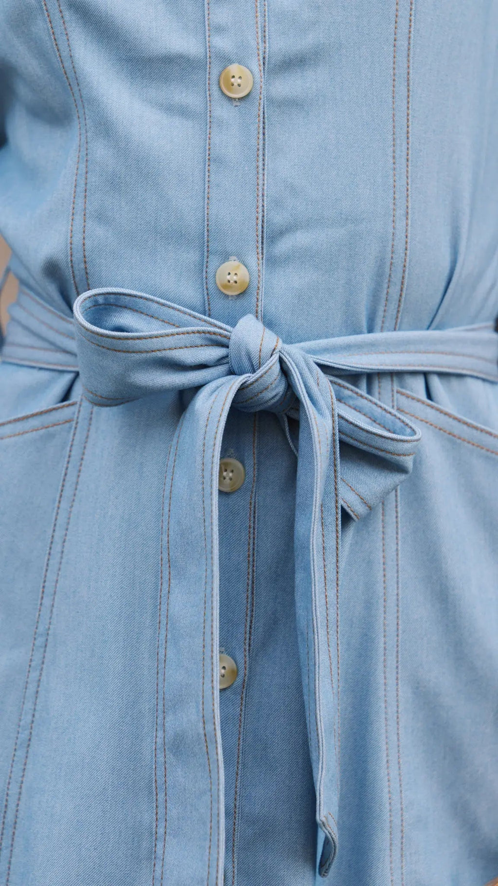 Light Blue Chambray Belted Midi Dress for Women — Button Front - gallery