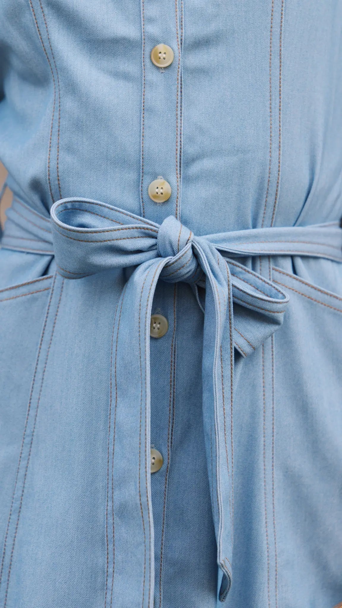 Light Blue Chambray Belted Midi Dress for Women — Button Front - gallery
