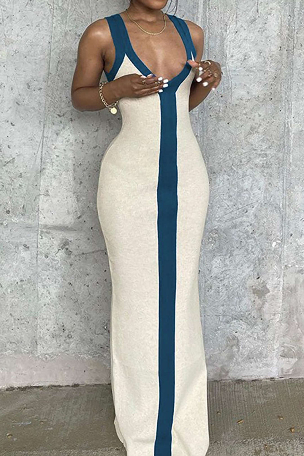 Colorblock V-Neck Ribbed Split Maxi Dress for Women - gallery