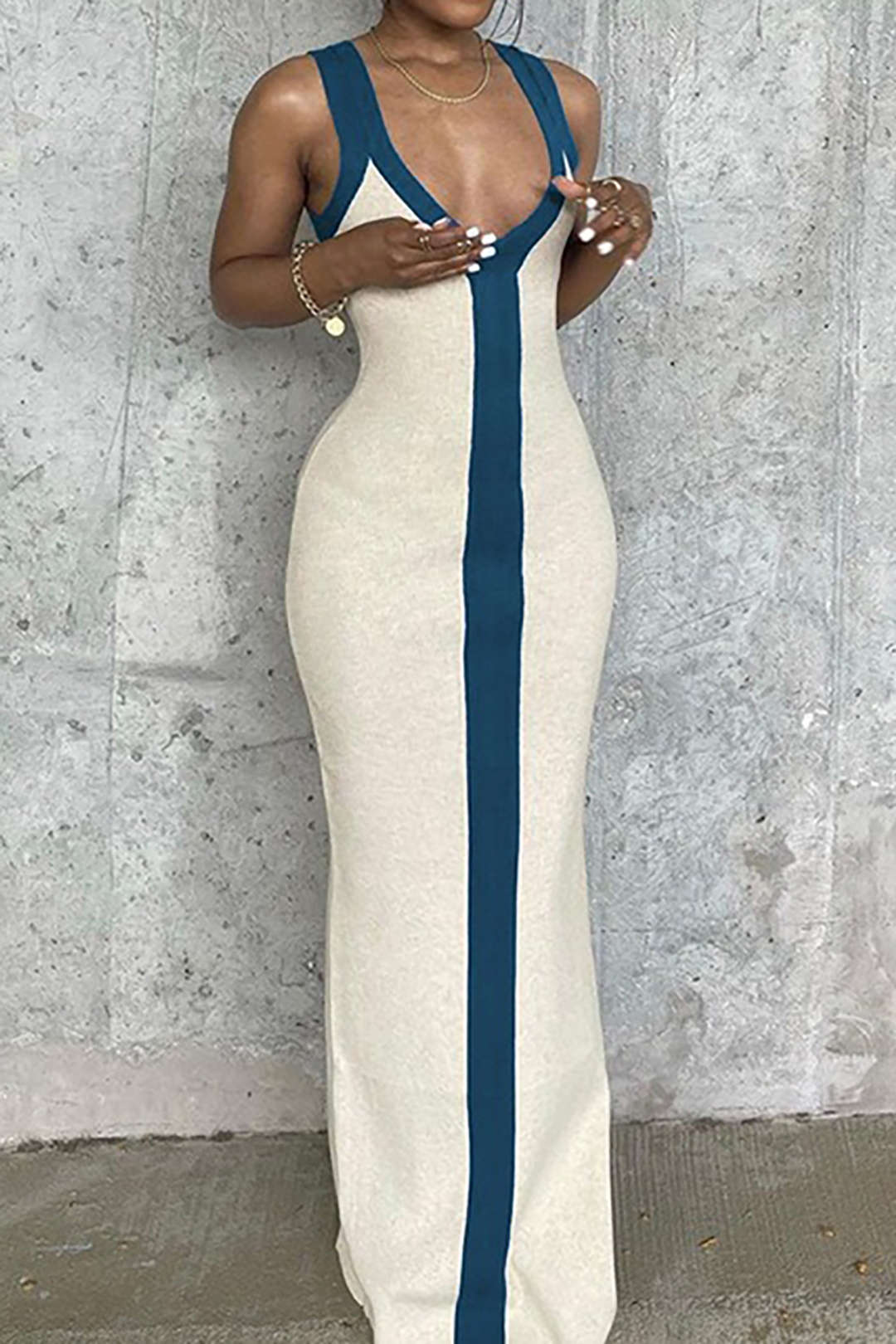 Colorblock V-Neck Ribbed Split Maxi Dress for Women - gallery