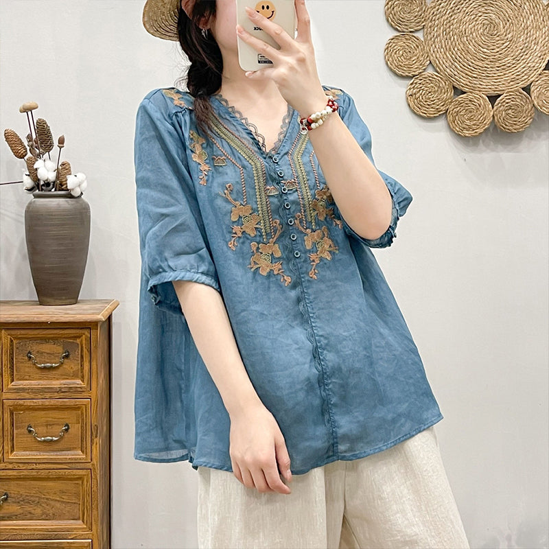 Lace V-Neck Embroidered Linen Shirt for Women - gallery