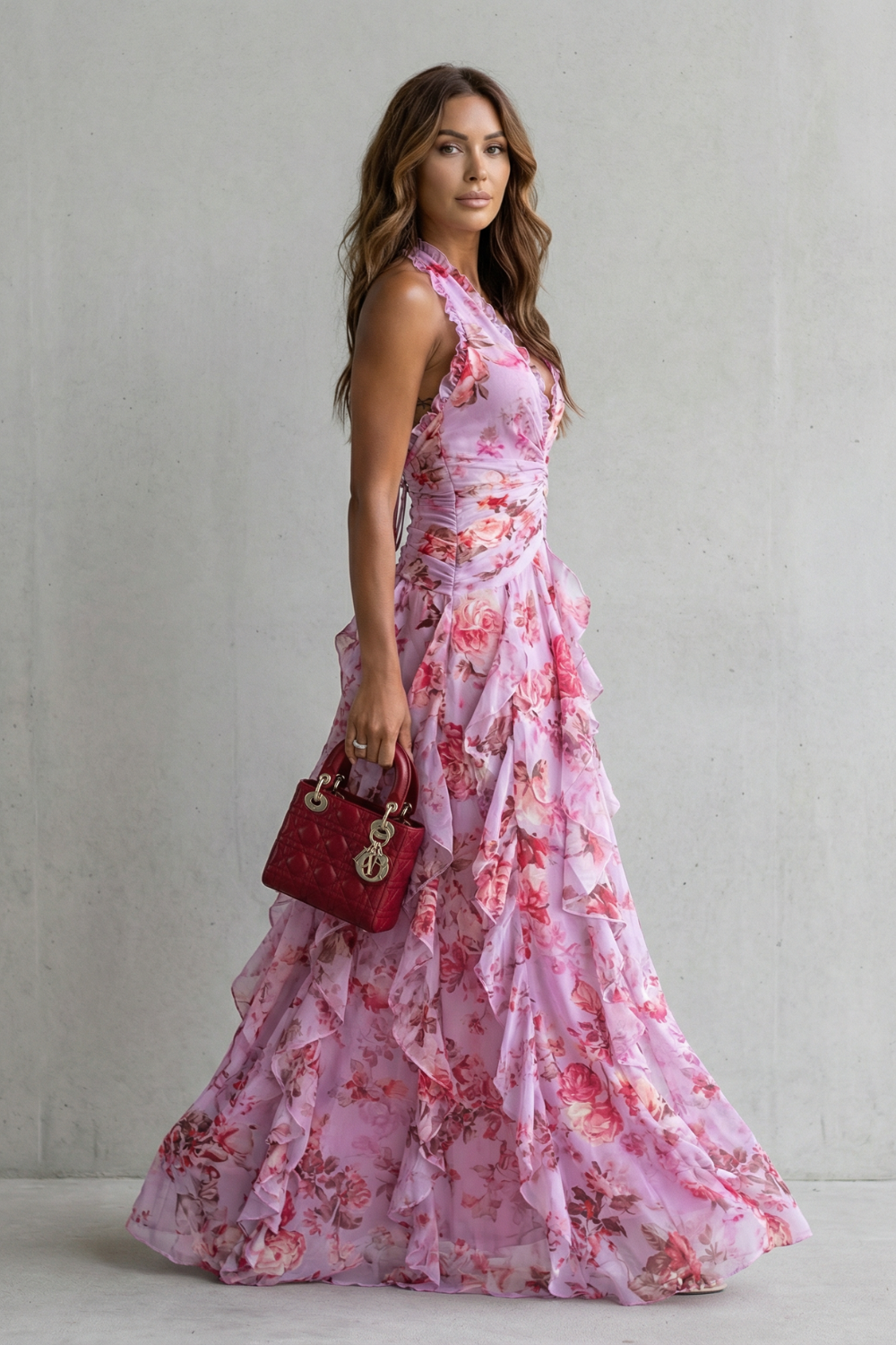Belladina Romantic Rose Cascade Halter Maxi Dress for Women - gallery