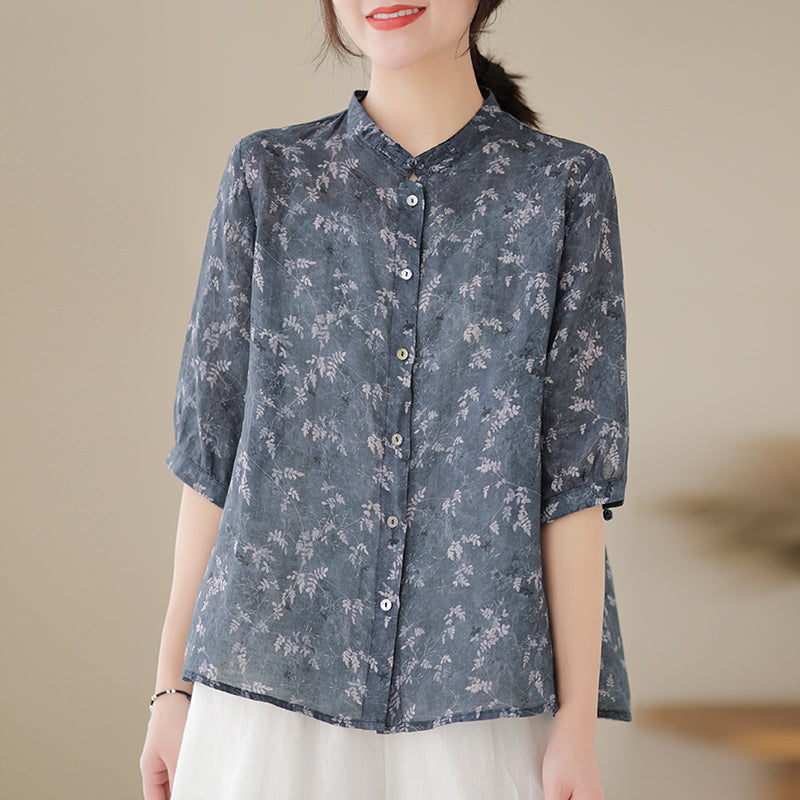 Retro Print Short Sleeve Linen Shirt for Women - gallery